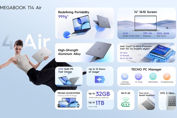 Tecno, Megabook T14 Air, laptop, Laptop Tecno Megabook T14 Air Resmi di Indonesia, Punya Bodi Tipis dan Ringan