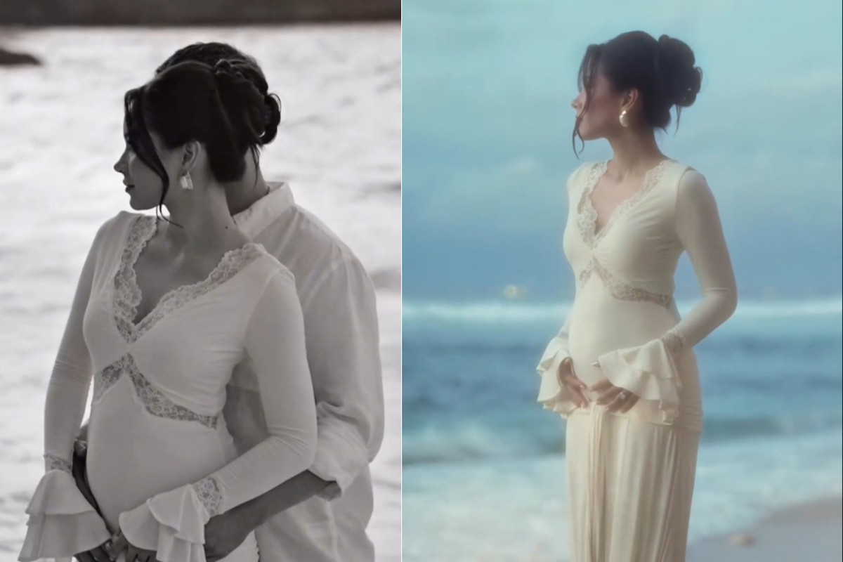 Alyssa Daguise, Al Ghazali, maternity shoot, Maternity shoot, inspirasi outfit maternity, inspirasi maternity shoot, 5 Outfit Maternity Shoot Alyssa Daguise di Pantai, Bernuansa Romantis, 2. V-neck, 3. Messy bun, 4. Makeup natural, 5. Aksesori earrings