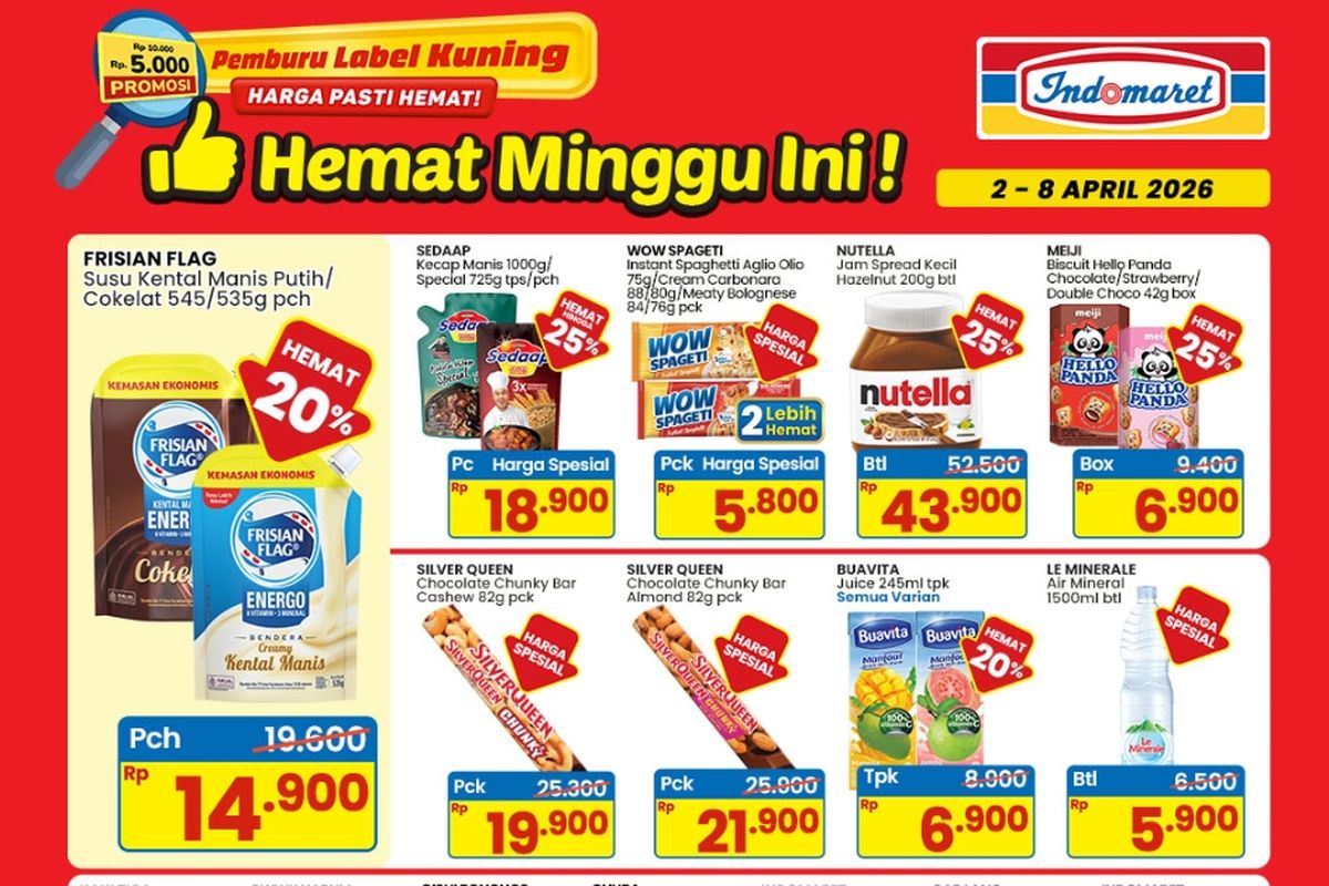 promo Indomaret hari ini, Katalog Promo Indomaret Hari Ini 3 April 2026, Telur Ayam Negeri Diskon Rp 5.000, Harga spesial (24 Maret - 6 April), Promo enak (2-5 April 2026), Hemat minggu (2-8 April 2026), Family treats (3-5 April 2026), Promo hemat susu (2-15 April 2026)