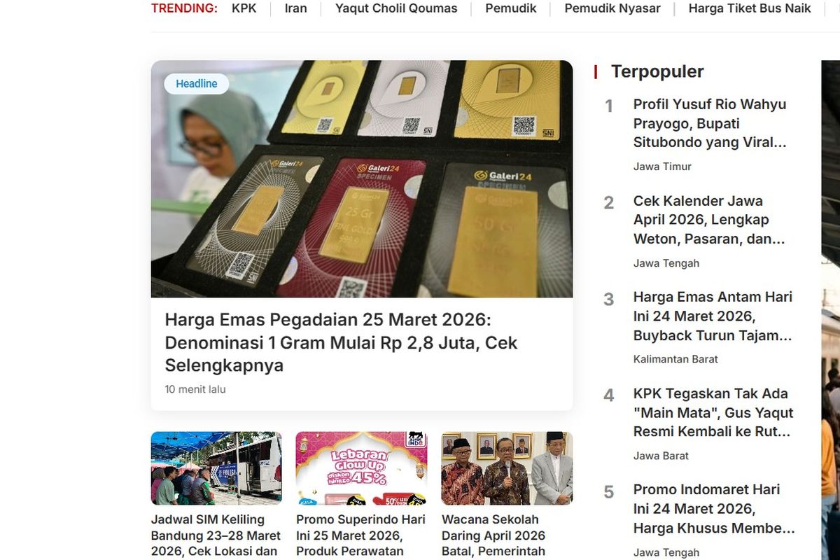 tahanan rumah Gus Yaqut, Harga emas hari ini, [POPULER NUSARAYA] Profil Bupati Situbondo Yusuf Rio Wahyu Prayogo | Kalender Jawa Lengkap April 2026, 1. Profil Bupati Situbondo Yusuf Rio Wahyu Prayogo, 2. Harga emas Antam 24 Maret 2026, 3. Soal tahanan rumah Gus Yaqut, 4. Update promo Indomaret, 5. Kalender Jawa lengkap April 2026
