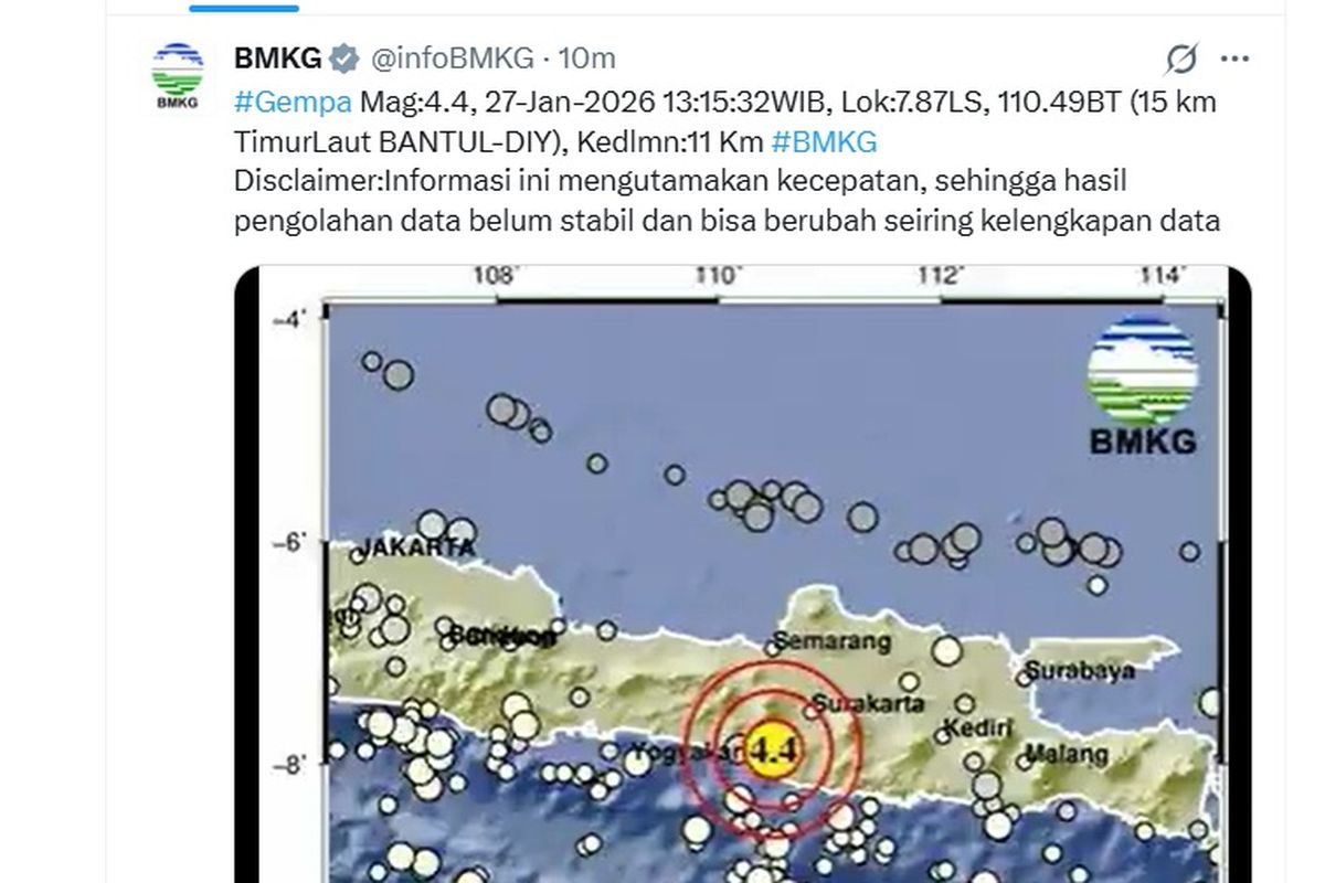Bantul, Gempa Magnitudo 4,4 Guncang Bantul DIY, Terasa di Solo Raya