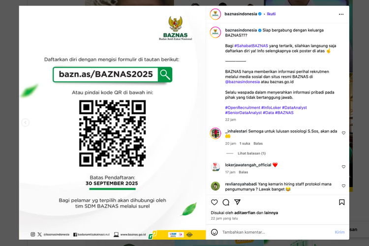 lowongan kerja baznas 2025, rekrutmen BAZNAS September 2025, cara daftar kerja BAZNAS online, syarat Data Analyst BAZNAS, lowongan Security Analyst BAZNAS, gaji pegawai BAZNAS 2025, link resmi daftar BAZNAS 2025, karier digital di BAZNAS, Lowongan Kerja Baznas 2025, Cari Data Analyst hingga Security Analyst, Cek Gaji dan Syaratnya