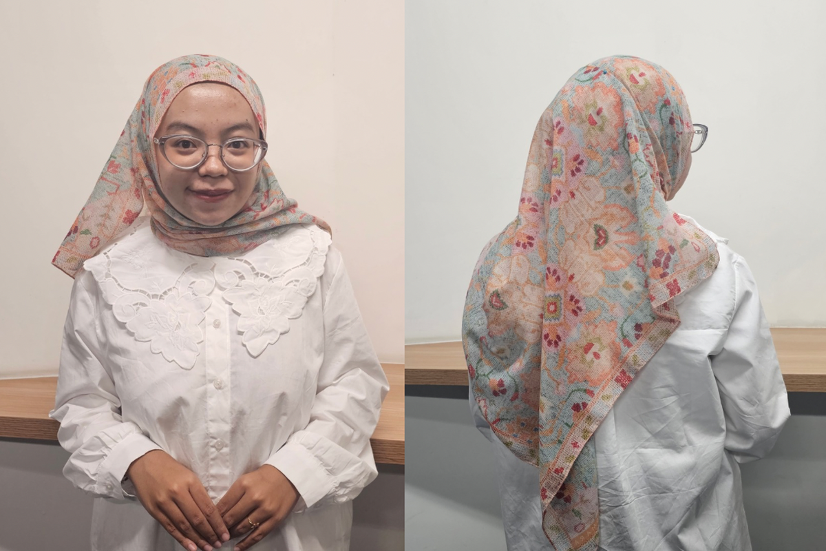 Tutorial Hijab Pashmina Belakang Menjuntai Depan Rapi, Cocok untuk Lebaran, Mulai dengan salah satu sisi lebih panjang, Masukkan sisi pendek ke dalam baju, Lilit sisi panjang ke atas kepala, Rapikan bagian atas dan belakang, Look pashmina belakang menjuntai, depan rapi, Sesuaikan volume sesuai kebutuhan, Pilih motif dan warna yang mendukung