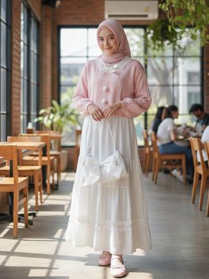 bukber, cewek kue, Tampil Manis, Ini 5 Outfit Bukber Tema, 1. Anggun dengan rok putih model tingkat dan kardigan pink, 2. Sentuhan vintage dengan apron dress dusty pink, 3. Gaya kasual dan sporty dengan celana kargo pink, 4. Blus ruffle dan celana jeans, 5. Tampil manis dengan gaun floral dan kardigan bulu halus