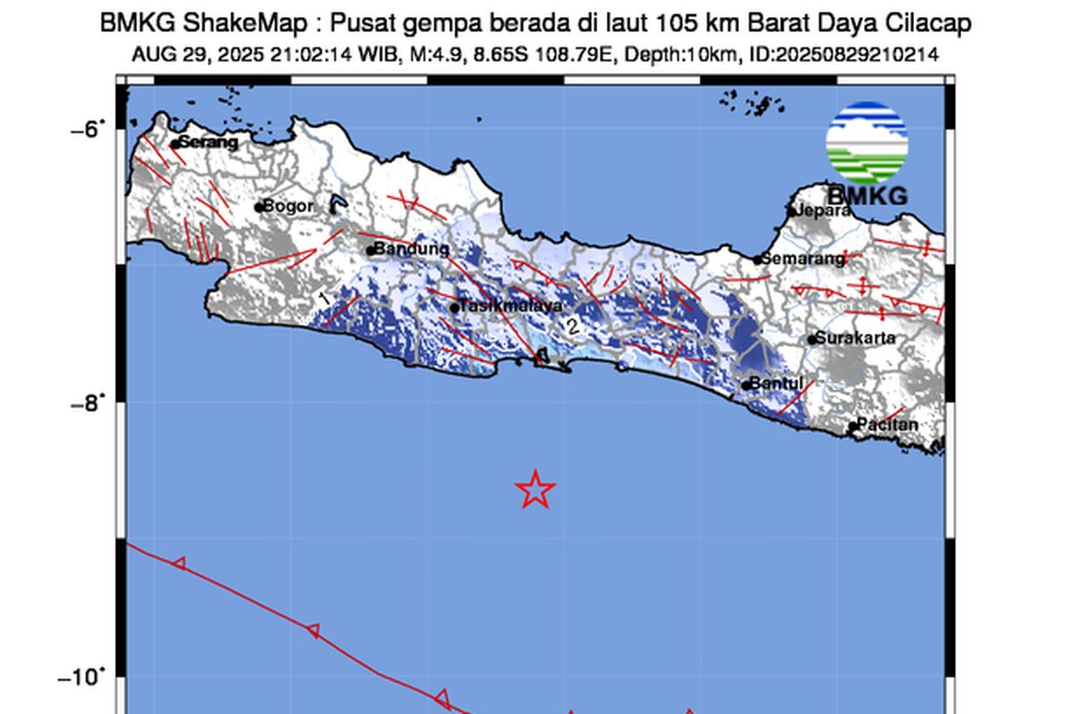 gempa, BMKG, gempa bumi, gempa hari ini, gempa cilacap, Gempa Magnitudo 4,9 Guncang Cilacap, Getaran Terasa hingga Pangandaran