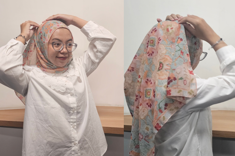 Tutorial Hijab Pashmina Belakang Menjuntai Depan Rapi, Cocok untuk Lebaran, Mulai dengan salah satu sisi lebih panjang, Masukkan sisi pendek ke dalam baju, Lilit sisi panjang ke atas kepala, Rapikan bagian atas dan belakang, Look pashmina belakang menjuntai, depan rapi, Sesuaikan volume sesuai kebutuhan, Pilih motif dan warna yang mendukung