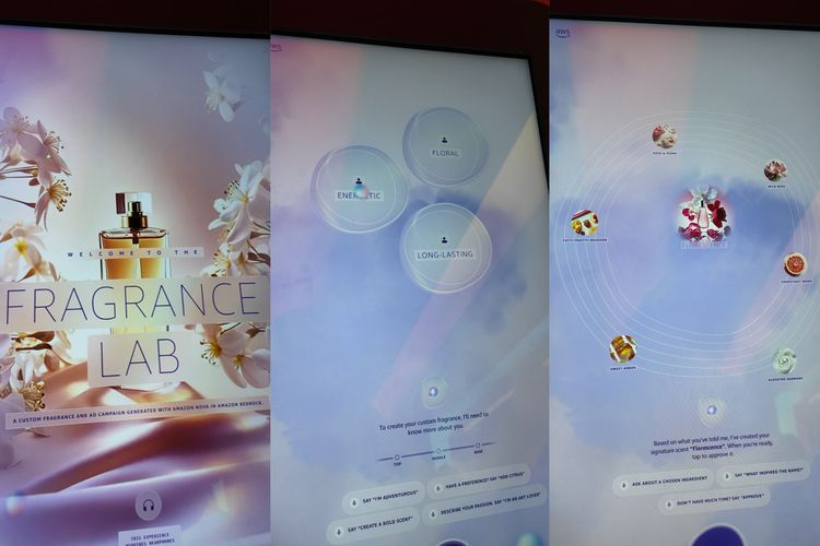 parfum, Fragrance Lab, Amazon, AI AWS, Nova Sonic, Amazon Nova, Parfum, fragrance lab, Pengalaman Meracik Parfum Personal Pakai AI Amazon Nova di AWS re:Invent 2025, Tahap 1: ngobrol dengan AI untuk meracik parfum, Tahap 2: AI memberi nama parfum, Tahap 3: bikin poster dan video iklan parfum dengan AI, Tahap 4: parfum diracik oleh perfumer di tempat