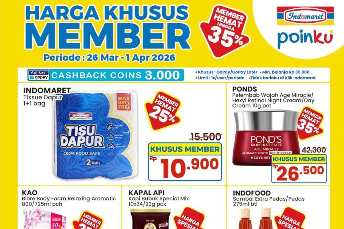 Indomaret, promo Indomaret, Promo Indomaret Hari Ini 31 Maret 2026, Harga Khusus Member Hemat 35 persen, 1. Paling Murah (hingga 1 April), 2. Hemat Minggu Ini (hingga 1 April), 3. Harga Spesial (hingga 6 April), 4. Tebus Heboh (hingga 1 April), 5. Harga Khusus Member (hingga 1 April), 6. Super Hemat Kebutuhan Pribadi & Rumah (hingga 1 April), 7. Super Hemat Makanan & Minuman (hingga 1 April), 8. Beli Banyak Lebih Hemat (hingga 1 April)