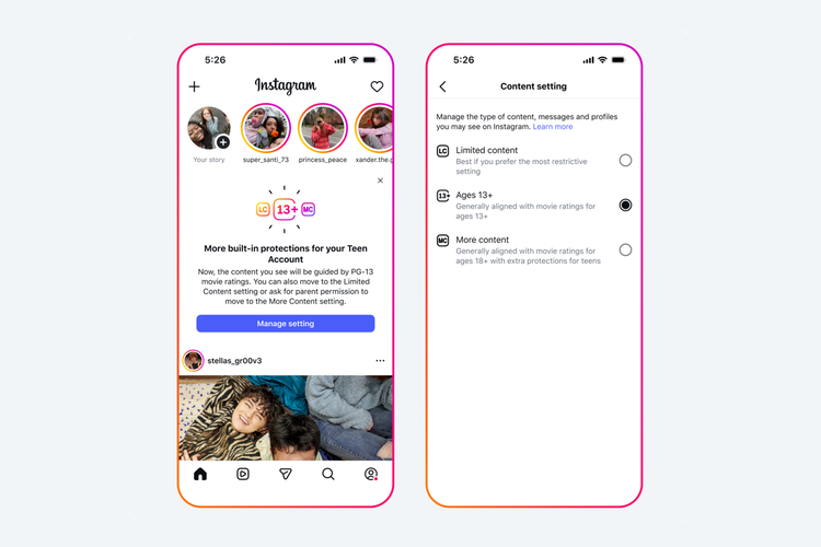 film, instagram, Konten Dewasa, Meta, perlindungan, vulgar, pengguna instagram, Parental Guidance, Akun Remaja, meta newsroom, teen account instagram, PG-13, Instagram Terapkan Rating, 1. Perlindungan di tingkat akun (Accounts), 2. Perlindungan di fitur pencarian (Search), 3. Pengalaman konten yang lebih aman (Content Experience), 4. Kecerdasan buatan yang ramah remaja (AI), 5. Pengaturan orangtua (Parental Controls)