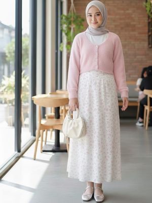 bukber, cewek kue, Tampil Manis, Ini 5 Outfit Bukber Tema, 1. Anggun dengan rok putih model tingkat dan kardigan pink, 2. Sentuhan vintage dengan apron dress dusty pink, 3. Gaya kasual dan sporty dengan celana kargo pink, 4. Blus ruffle dan celana jeans, 5. Tampil manis dengan gaun floral dan kardigan bulu halus