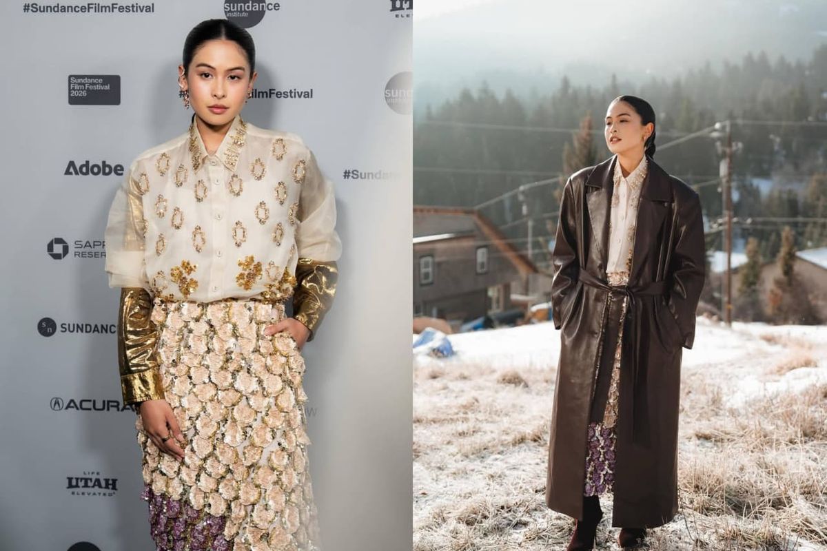 desainer BIYAN, Para Perasuk, Gaya Fashion Maudy Ayunda di Sundance Film Festival, Dihiasi bordir emas, Rok tiga dimensi, Mantel kulit menambah kesan misterius, Aksesori yang terinspirasi dari film "Para Perasuk"