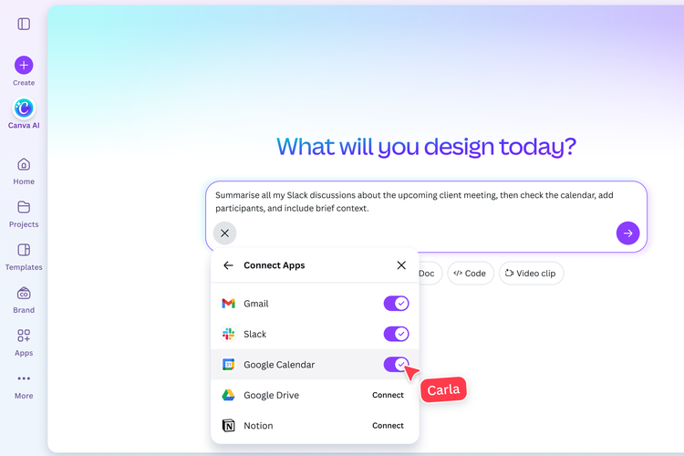 Canva, Canva AI, Canva AI 2.0 Meluncur Bawa 9 Fitur Baru: dari Desain Lewat Suara hingga Konten Otomatis, 2. Orkestrasi agen (Agentic Orchestration), 3. Ingat selera pengguna, 4. Otak-atik obyek, 5. Terhubung ke banyak aplikasi, 6. Bisa perintahkan Canva sesuai jadwal, 7. Bisa riset web, 8. Sesuaikan gaya brand, 9. Dukung impor HTML