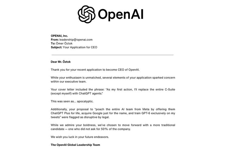 LinkedIn, chatGPT, OpenAI, CEO OpenAI, Pria Ini Nekat Lamar Jadi CEO OpenAI, Surat Balasannya Viral di Media Sosial