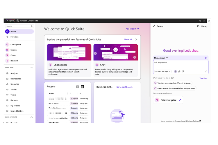 Amazon, kantor, agen AI, Amazon Web Service, AI Agent, Amazon Quick Suite, Quick Suite, 7 fitur kunci Amazon Quick Suite, Amazon Rilis Quick Suite, AI yang Bisa Riset, Analisis, dan Kerja Otomatis di Kantor, 1. Quick Index, 2. Quick Research, 3. Quick Sight, 4. Quick Flows, 5. Quick Automate, 6. Spaces, 7. Chat agents