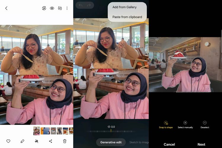 Samsung, Gen Z, Galaxy AI, generative edit, fitur AI, edit foto gen z, tren edit foto gen  z, tutorial edit foto gen  z, tutorial edit foto gen  z pakai generative edit, Tutorial Bikin Foto Estetik, 1. Pilih foto utama dari galeri, 2. Klik ikon bintang di bawah layar, 3. Tambahkan foto lain dari galeri, 4. Pilih objek yang mau ditempel, 5. Atur posisi dan ukuran objek, 6. Tambahkan lebih banyak foto jika mau, 7. Gunakan fitur ruler untuk hasil halus, 8. Klik Generate dan tunggu hasilnya