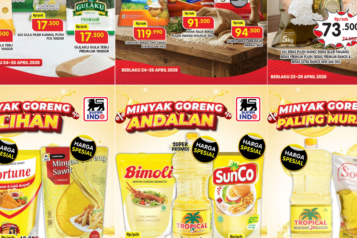 Promo Superindo 24-26 April 2026, Harga Minyak Goreng Super Hemat Mulai Rp 39.490, Sembako pilihan (24-26 April 2026), Minyak goreng (24-26 April 2026), Makanan dan minuman hemat (23-29 April 2026), Bahan utama murah (23-29 April 2026)