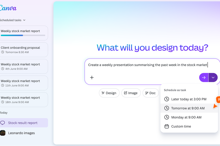 Canva, Canva AI, Canva AI 2.0 Meluncur Bawa 9 Fitur Baru: dari Desain Lewat Suara hingga Konten Otomatis, 2. Orkestrasi agen (Agentic Orchestration), 3. Ingat selera pengguna, 4. Otak-atik obyek, 5. Terhubung ke banyak aplikasi, 6. Bisa perintahkan Canva sesuai jadwal, 7. Bisa riset web, 8. Sesuaikan gaya brand, 9. Dukung impor HTML