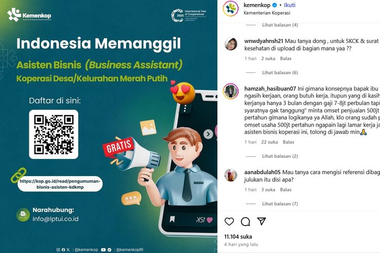 kemenkop, Koperasi Desa Kelurahan Merah Putih, lowongan kemenkop, lowongan Kemenkop 2025, asisten bisnis, Lowongan Kemenkop 2025, 8.000 Asisten Bisnis Koperasi, Gaji Rp 7,25 Juta, Tugas Asisten Bisnis Kemenkop 2025, Jalur Pendaftaran, Syarat Umum Pelamar, Dokumen yang Wajib Disiapkan, Jadwal Seleksi Lowongan Kemenkop 2025