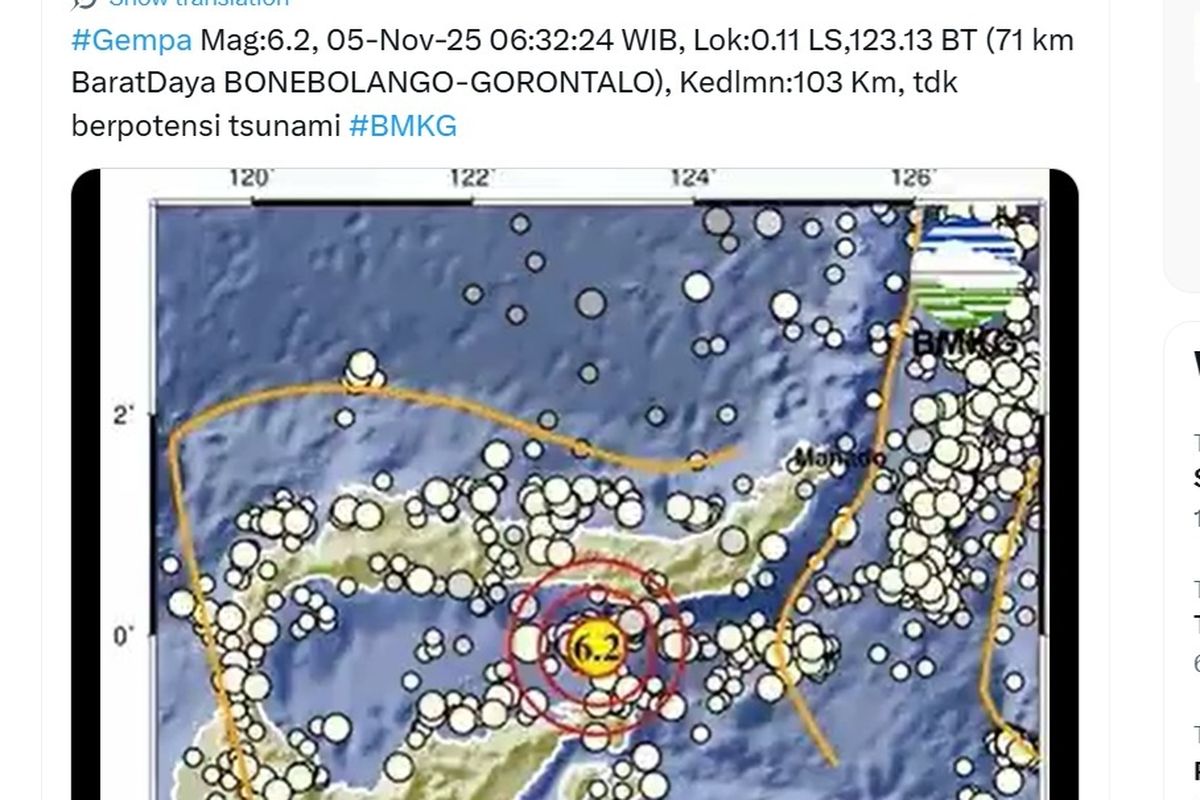 Bone Bolango, Gorontalo, gempa hari ini, Gempa di Bone Bolango, gempa hari ini di gorontalo, gempa di bone gorontalo, gempa di bone hari ini, Gempa M6,2 Guncang Bone Bolango Gorontalo, Tak Berpotensi Tsunami