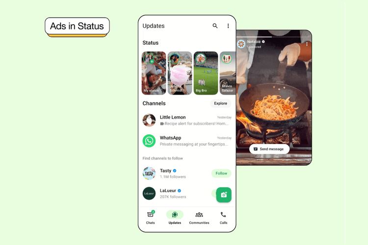 WhatsApp, iklan, Meta, Jan Koum, Brian Acton, Facebook, Iklan, jan koum, meta, Mark Zuckerberg, Channel Subscriptions, Promoted Channels, Iklan di Status, Janji, Bertentangan dengan misi pendiri, Akuisisi oleh Facebook dan awal perubahan, Iklan di status WhatsApp, Jadikan WhatsApp sebagai sumber cari uang