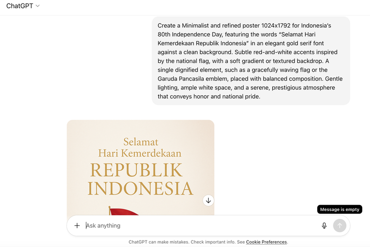 chatGPT, HUT ke-80 RI, Kartu ucapan selamat Hari Kemerdekaan Indonesia, Kartu ucapan selamat HUT ke-80 RI, Kartu ucapan Dirgahayu RI, Cara Bikin Kartu Ucapan Selamat Hari Kemerdekaan Indonesia via ChatGPT, Mudah