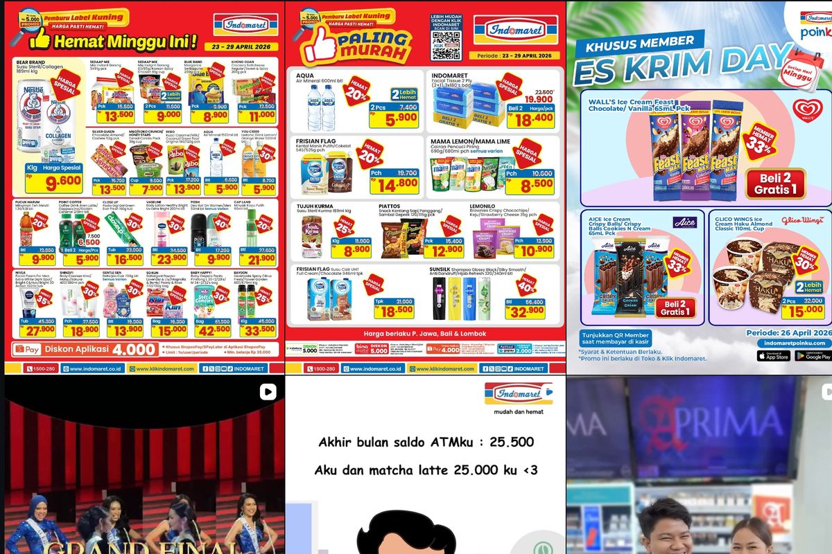 promo Indomaret hari ini, Promo Indomaret 26-29 April 2026, Tebus Heboh Bahan Dapur Mulai Rp 5.000-an, Promo 4 hari (hari ini terakhir), Hemat minggu ini (23-29 April 2026), Tebus heboh (16-29 April 2026), Paling murah (23-29 April 2026), Gebyar promo gajian (16-29 April 2026), Harga spesial (21 April- 4 Mei 2026)