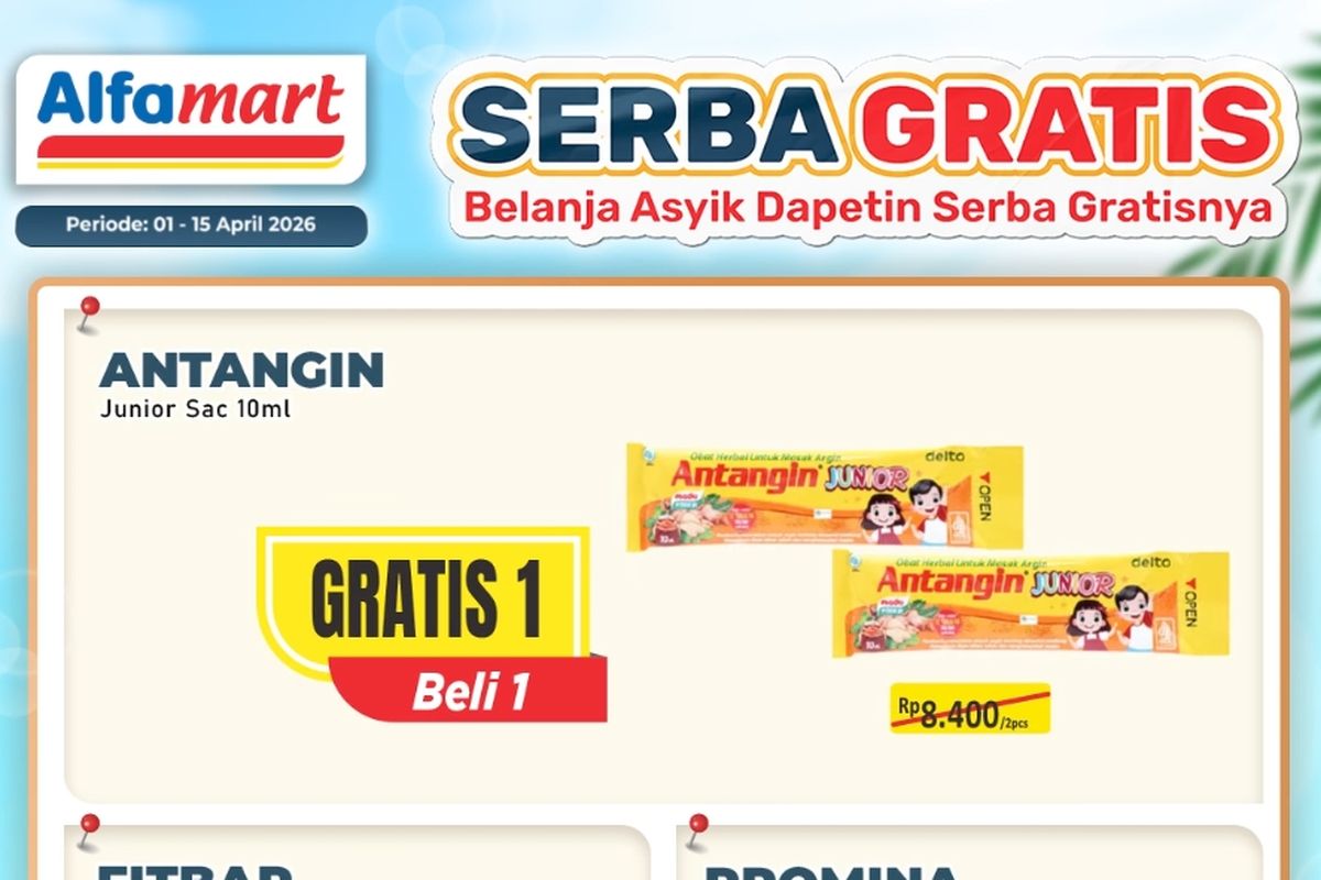Alfamart, promo Alfamart, Promo Alfamart Hari Ini 6 April 2026, Ada Beli 1 Gratis 1 Camilan dan Makanan Kucing, 1. Paling Murah Sejagat (hingga 7 April), 2. Tebus Suka Suka (hingga 15 April), 3. Dunia Bunda & Si Kecil (hingga 15 April), 4. Serba Gratis (hingga 15 April)