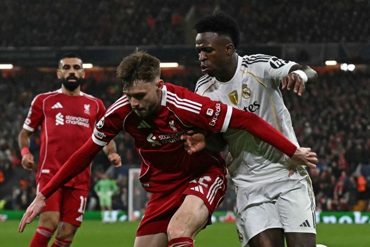 Liga Champions, Liverpool, Real Madrid, Vinicius Jr, liga champions, liverpool, Hasil Liverpool Vs Real Madrid, real madrid, Arne Slot, Liverpool vs Real Madrid, Conor Bradley, Aksi Brilian Conor Bradley 
