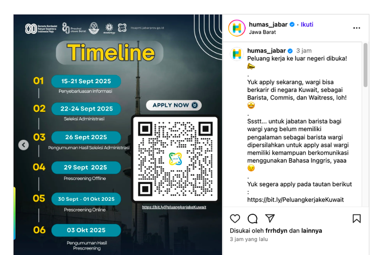 lowongan kerja kuwait 2025, Loker barista Kuwait gaji 10 juta, Cara daftar kerja ke Kuwait 2025, Lowongan waitress Kuwait September 2025, Lowongan commis Kuwait Pemprov Jabar, Benefit kerja di Kuwait 2025, Link daftar loker Kuwait humas Jabar, Jadwal seleksi kerja Kuwait 2025, Daftar Segera! Pemprov Jabar Buka Lowongan Kerja ke Kuwait, Gaji hingga Rp 10 Juta, Ini Linknya, Jadwal pendaftaran dan seleksi, Syarat lowongan kerja Kuwait 2025, Benefit yang ditawarkan, Cara daftar dan link resmi
