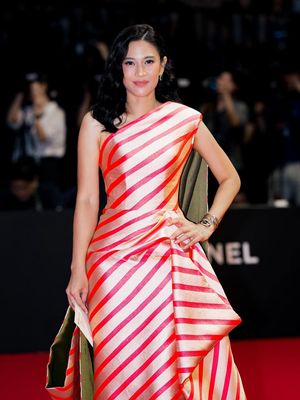 Dian Sastrowardoyo, Dian Sastro, Busan International Film Festival, busana dian sastro, style dian sastro, 8 Detail Outfit Dian Sastro di Busan International Film Festival 2025, Kenakan Gaun Stripes, 1. Gaun stripes rancangan Sebastian Gunawan, 2. Detail draperi yang dramatis, 3. Aksen kain hijau olive, 4. Gaya rambut loose waves, 5. Riasan natural yang menonjolkan mata, 6. Kompak dengan Ali Fikry, 7. Reuni dengan Nicholas Saputra, 8. Aksesori minimalis