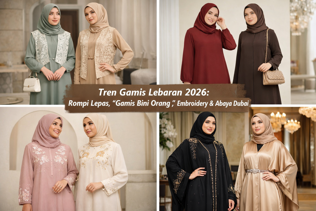 rompi lepas, tren gamis Lebaran 2026, Tren Gamis Lebaran 2026: Rompi Lepas, Gamis Bini Orang, dan Abaya Dubai, 1. Gamis dengan Rompi Lepas, 2. “Gamis Bini Orang”, 3. Gamis dengan Detail Embroidery, 4. Abaya Dubai