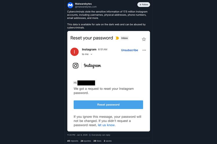 Instagram, kebocoran data, dark web, Media sosial, Instagram Buka Suara Soal Ramai E-mail Reset Password dan Dugaan Data Bocor