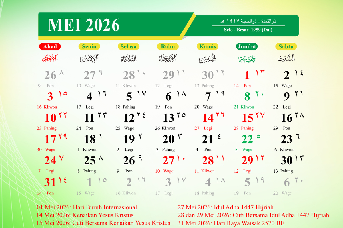 hari libur nasional, cuti bersama, long weekend, kalender Mei 2026, Kalender Mei 2026: Daftar Sisa Libur dan Long Weekend Bulan Ini
