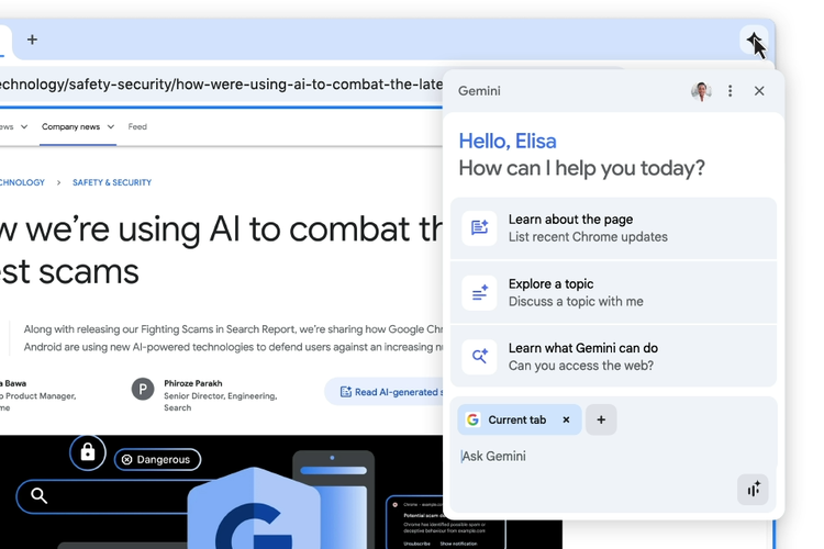 Google, Chrome, google chrome, fitur baru, browser, gemini, AI gemini, browser AI, 10 fitur baru AI Gemini di Chrome, Gemini di Chrome, Google Sulap Chrome Jadi Browser Gemini AI, Ini 10 Fitur Canggihnya, 1. Gemini langsung di Chrome, 2. Asisten browsing otomatis (agentic), 3. Ringkas informasi dari banyak tab, 4. Ingat situs lama, 5. Integrasi dengan aplikasi Google, 6. Cari pakai AI Mode di omnibox, 7. Tanya-jawab tab yang sedang dibuka, 8. Gemini Nano untuk anti-scam, 9. Blokir notifikasi dan izin yang mengganggu, 10. Ganti password dengan sekali klik