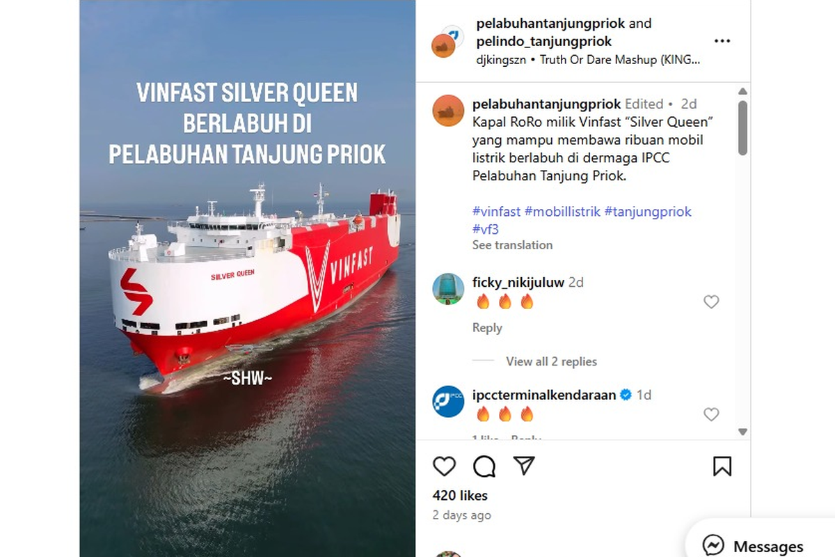 kapal kargo, mobil listrik, pelabuhan tanjung priok, VinFast, VinFast Indonesia, Silver Queen, Giliran Kapal Kargo VinFast Bersandar di Jakarta, Bawa Ribuan Mobil