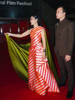 Dian Sastrowardoyo, Dian Sastro, Busan International Film Festival, busana dian sastro, style dian sastro, 8 Detail Outfit Dian Sastro di Busan International Film Festival 2025, Kenakan Gaun Stripes, 1. Gaun stripes rancangan Sebastian Gunawan, 2. Detail draperi yang dramatis, 3. Aksen kain hijau olive, 4. Gaya rambut loose waves, 5. Riasan natural yang menonjolkan mata, 6. Kompak dengan Ali Fikry, 7. Reuni dengan Nicholas Saputra, 8. Aksesori minimalis