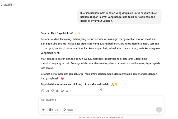 chatGPT, Lebaran 2025, Idul Fitri 1446 H, selamat Lebaran 2025, ucapan idul fitri 2025, ucapan selamat hari raya Idul Fitri 2025, selamat menyambut hari raya Idul Fitri 1446 H, Cara Bikin Ucapan Selamat Idul Fitri 2025 Otomatis via ChatGPT dengan Mudah