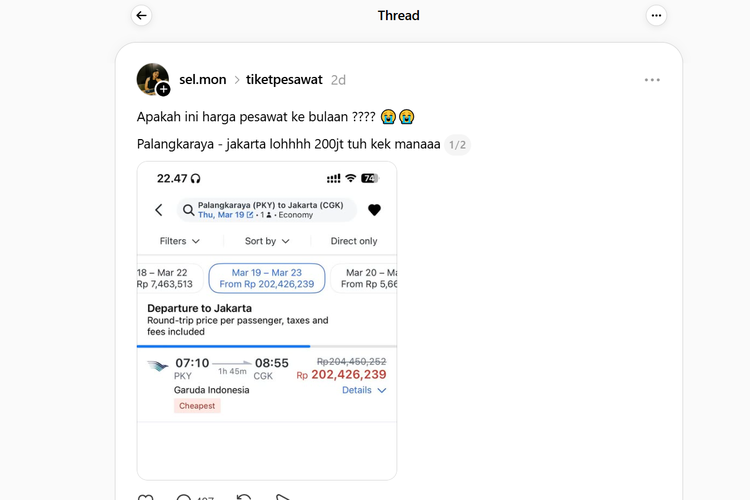 Viral Tiket Pesawat Palangkarya-Jakarta Capai Rp 200 Juta, Garuda Indonesia Bantah