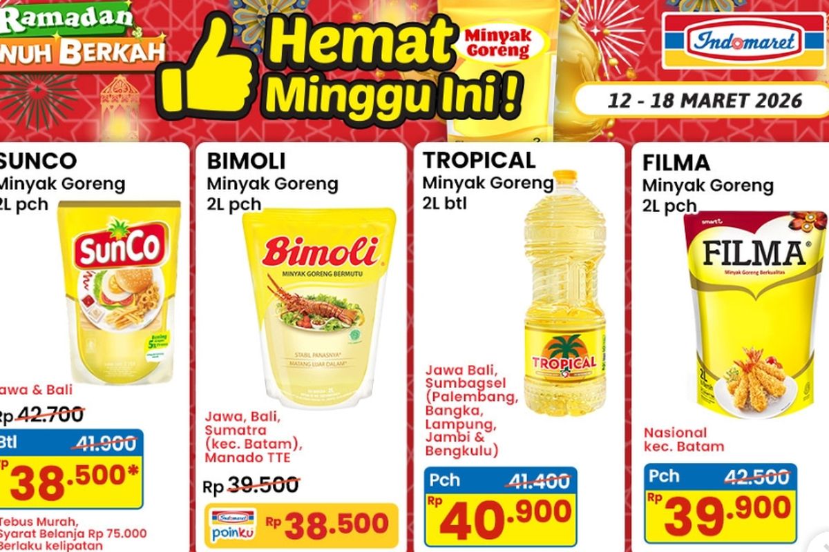Indomaret, promo Indomaret, Promo Indomaret Hari Ini 14 Maret 2026, Minyak Goreng Lebih Murah di Hemat Minggu Ini, 1. Festival Ramadhan (hingga 18 Maret), 2. Hemat Minggu Ini (hingga 18 Maret), 3. Super Hemat Private Label (hingga 18 Maret), 4. Super Hemat Makanan &amp; Minuman (hingga 18 Maret), 5. Beli Banyak Lebih Hemat (hingga 18 Maret), 6. Tebus Heboh (hingga 18 Maret), 7. Promo Susu (hingga 18 Maret), 8. Promo 4 Hari (hingga 15 Maret)