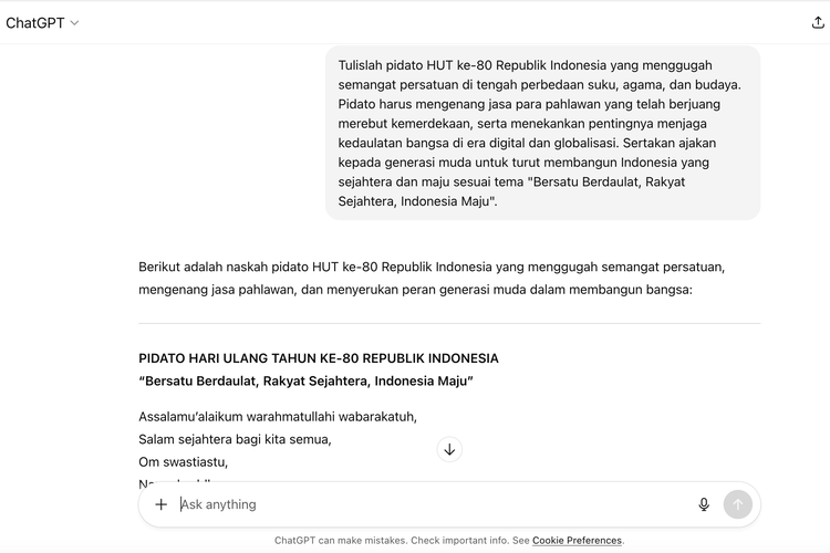 pidato 17 agustus, chatGPT, Pidato HUT ke-80 RI, Pidato Hari Kemerdekaan, Cara Membuat Pidato HUT ke-80 RI Otomatis via ChatGPT dan Contoh Prompt
