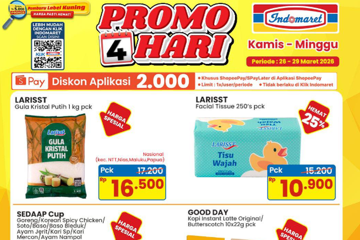 promo Indomaret, Promo Indomaret Hari Ini 27 Maret 2026, Harga Hemat Gula Pasir 1 Kg Mulai Rp 16.500, promo lebaran (19 maret-1 April 2026), Promo 4 hari (26-29 Maret 2026), Beli 2 lebih hemat (19 Maret-1 April), Promo susu dan perlengkapan balita (19 Maret-1 April)
