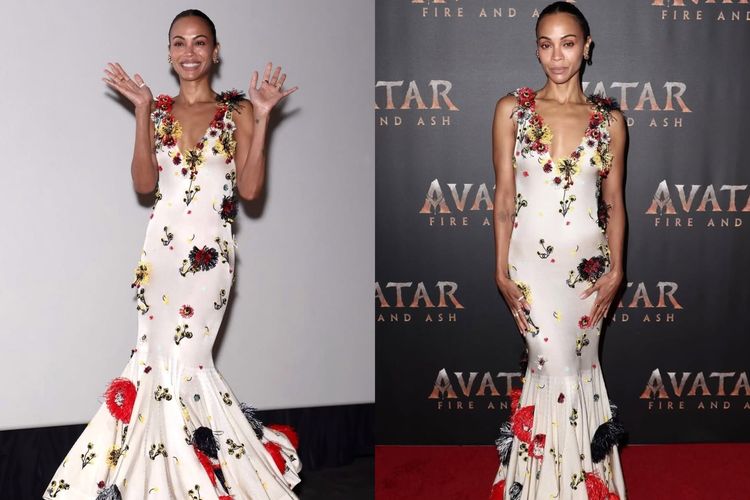 Ragam Outfit Zoe Saldana di World Premiere Avatar: Fire and Ash, Simpel dengan gaun Saint Laurent, Anggun dengan gaun Balmain, Lembut dan feminin dengan gaun Erdem, dengan gaun Chanel