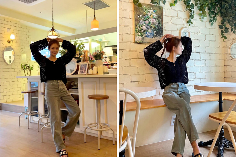 Jimin BTS, Jimin, Song Da Eun, song da eun jimin, outfit song da eun, gaya song da eun, 5 Gaya Song Da Eun yang Dirumorkan Pacaran dengan Jimin BTS, 1. Sweater cerah dengan bawahan monokrom, 2. Black and white bermotif, 3. Santai mengenakan sandal, 4. Boyish dengan sentuhan warna cerah, 5. Kenakan bucket hat
