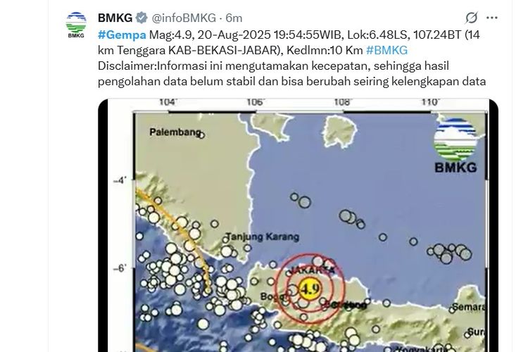BMKG, gempa bumi, Bekasi, gempa bekasi hari ini, gempa bekasi terkini, gempa 20 agustus, gempa  bekasi, Gempa Bekasi M 4,9 Getarkan Jabodetabek, BMKG Sebut akibat Sesar Naik