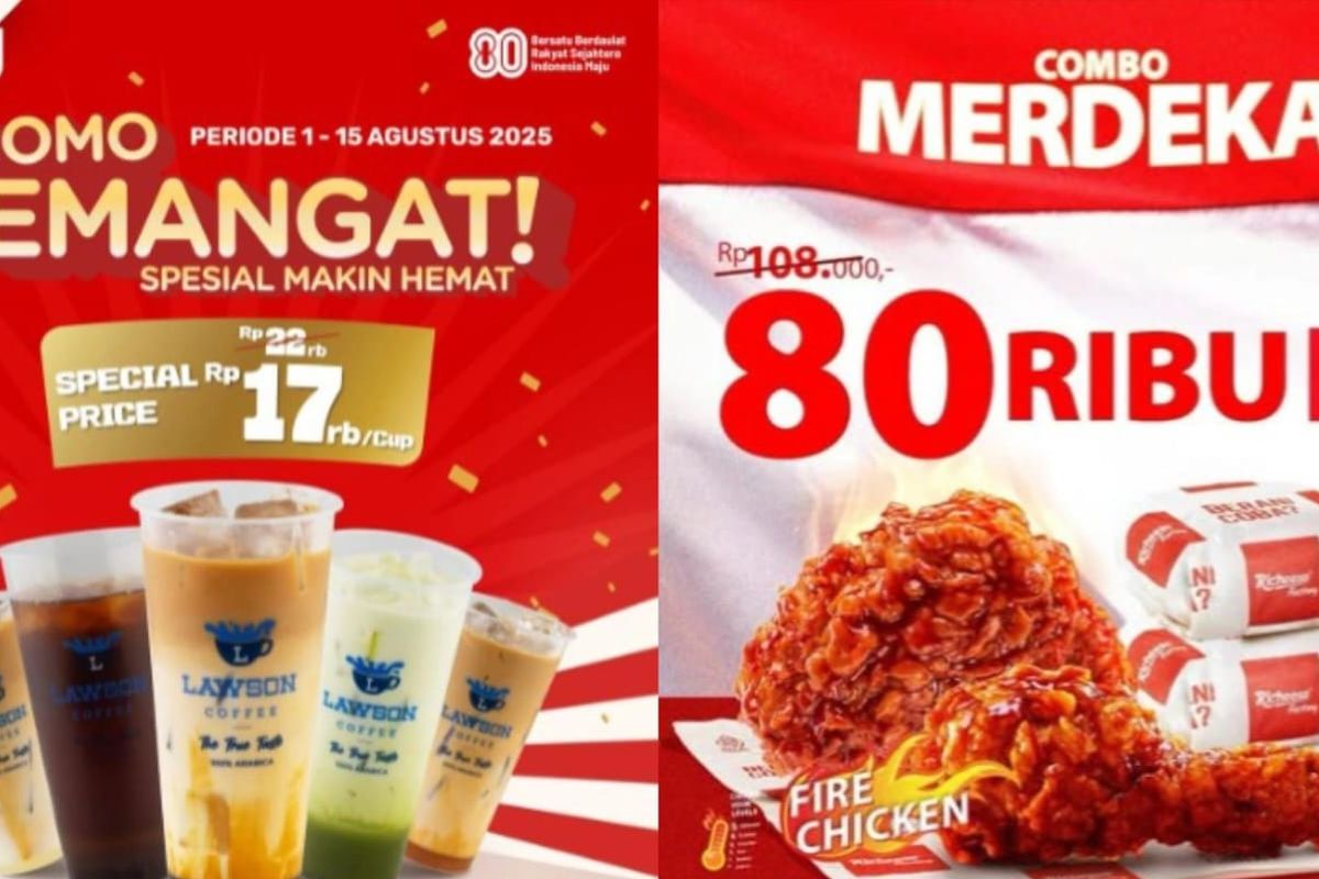 Promo 17 Agustus, promo kemerdekaan, promo makanan 17 Agustus, promo buy 1 get 1, promo kuliner kemerdekaan, promo 17 agustus makanan, 20+ Promo Makanan Minuman 17 Agustus 2025, dari Diskon hingga Gratis, Promo Fore Coffee: Kopi Rp 17.000, Promo Pizza Hut: Beli 1 gratis 1, Promo Chatime: Es campur milk tea Rp 17.000, Promo Wingstop Indonesia: Paket spesial Rp 17.845, Promo Mie Gacoan: Diskon hingga 50 persen, Promo TOMORO Coffee: Diskon 17 persen dan menu hemat, Promo Roti’O: Paket hemat merdeka, Promo A&W: Beli 1 gratis 1 sundae, Promo Wizzmie: Beli 1 gratis 1 mie, Promo Shihlin: Diskon via ShopeePay, Promo Mie Keprabon: Gratis untuk yang Bernama “Agus”, Promo Yakiniku Like: Buy 1 get 1, Promo Ta Wan: Diskon 50 persen minuman, Promo My Joy Bakery: Beli 1 gratis 1, Promo Tous Les Jours: Diskon 50 persen whole cake, Promo KFC: Menu Rp 8.000, Promo Dcrepes: Diskon 17 persen, Promo Gokana: Sumo Ramen Rp 17.000, Promo Pizza Hut Delivery (PHD): Beli 1 gratis 1, Promo Pepper Lunch: Buy 1 free 1 untuk nama tertentu, Promo Kimukatsu: Buy 1 free 1 untuk yang ulang tahun, Promo Yoshinoya: Cashback 45 persen, Promo Richeese Factory: Combo Merdeka Rp 80.000, Promo RamenYA!: Paket berdua Rp 80.000, Promo Lawson: Diskon hingga 45 persen