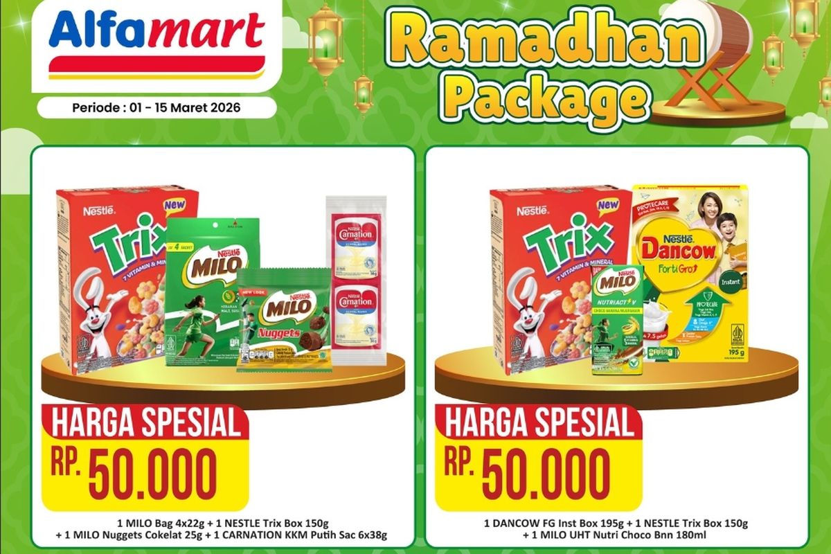 Alfamart, promo Alfamart, Promo Alfamart Hari Ini 12 Maret 2026, Ada Paket Ramadhan Mulai dari Rp 50.000, 1. Ramadan Package (hingga 15 Maret), 2. Dapur Alfamart (hingga 15 Maret), 3. Tebus Murah (hari ini terakhir), 4. Promo Ramadhan, 5. Paling Murah Sejagat (hari ini terakhir), 6. Murah Tanpa Syarat (hari ini terakhir), 7. Dunia Bunda &amp; Si Kecil (hingga 15 Maret), 8. Personal Care Fair (hingga 15 Maret), 9. Produk Spesial Mingguan atau PSM (hingga 15 Maret)