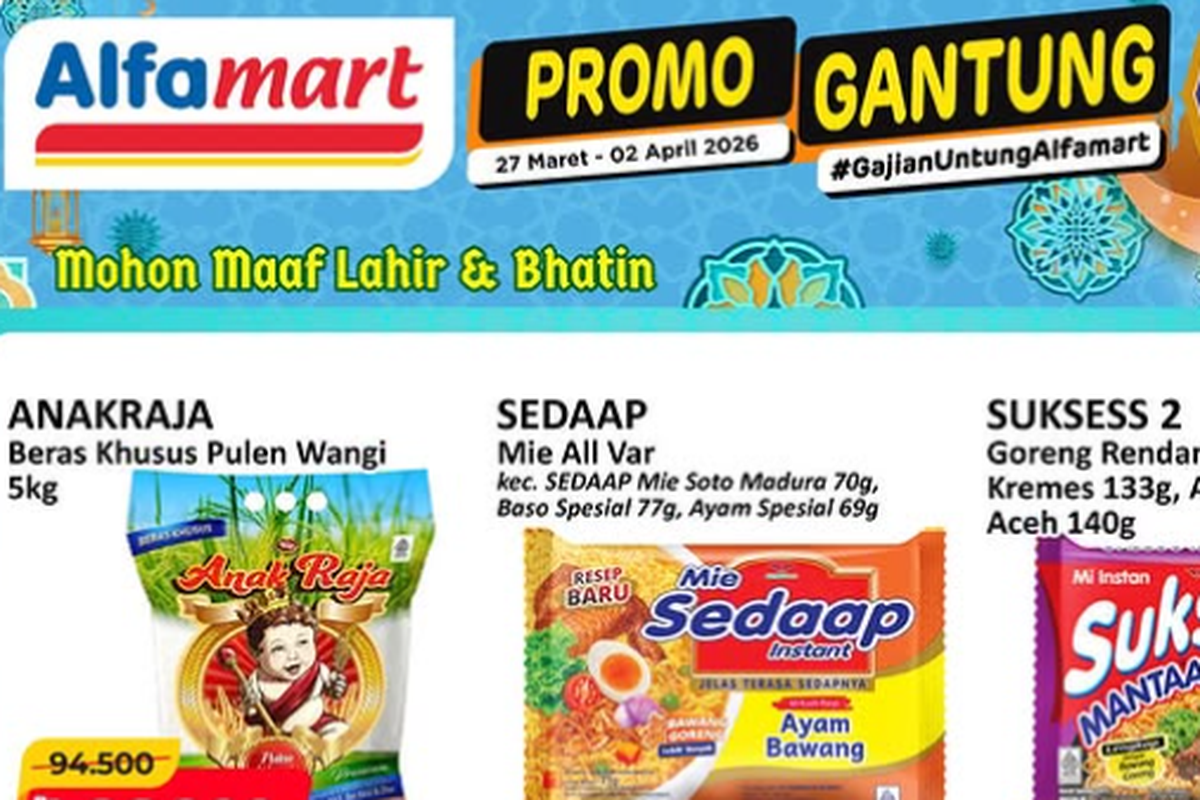 Alfamart, promo Alfamart, Promo Alfamart Hari Ini 28 Maret 2026: Ada Promo Gantung, Mi Instan Harga Murah, 1. Paling Murah Sejagat (hingga 31 Maret), 2. Promo Gantung (hingga 2 April), 3. Serba Gratis (hingga 31 Maret), 4. Promo Potongan Belanja (hingga 31 Maret), 5. Ice Cream Fair (hingga 31 Maret), 6. Noodle Fair (hingga 31 Maret), 7. Powder Milk Fair (hingga 31 Maret), 8. Kebutuhan Dapur Bunda (hingga 31 Maret)