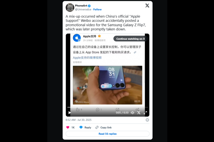 Apple, Weibo, iklan Samsung Galaxy Z Flip 7, apple, weibo, akun Apple Support China, iklan samsung Galaxy Z Flip 7, Apple Kepeleset, Iklankan Samsung Galaxy Z Flip 7 di Akun Resmi