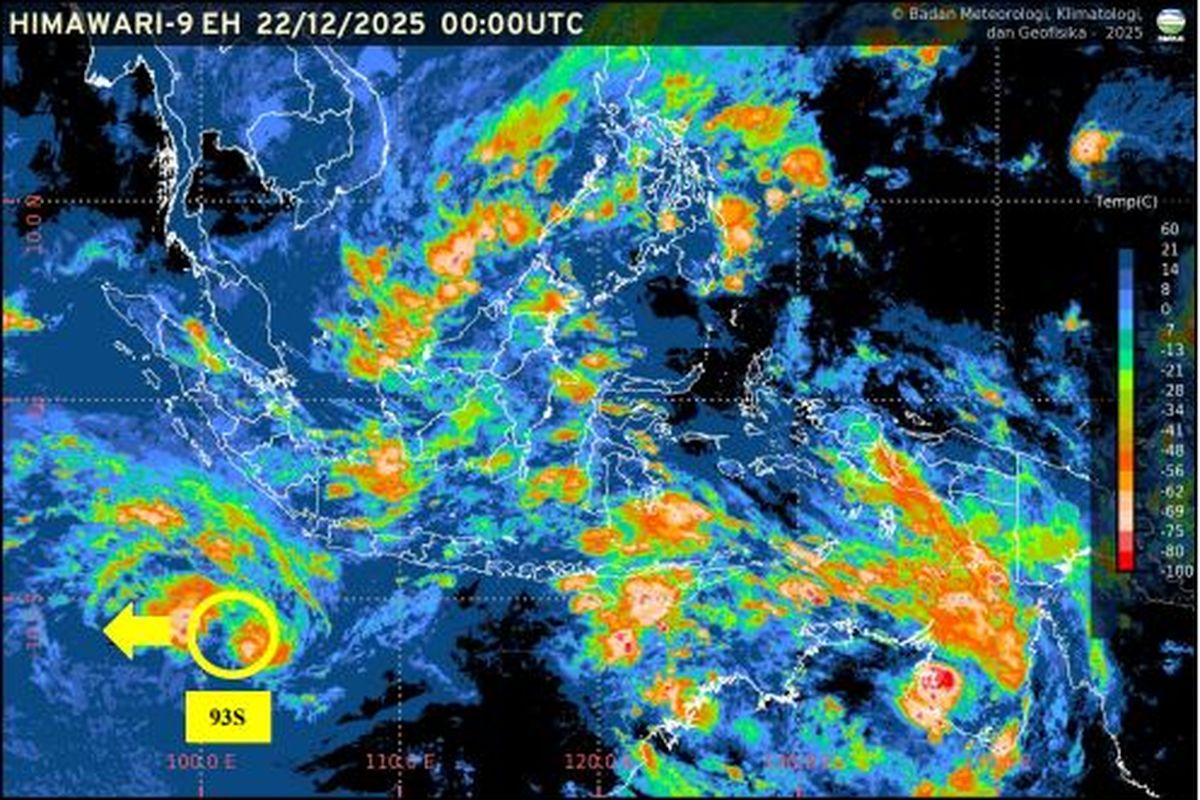 Bibit Siklon Tropis 93S, BMKG, siklon tropis, cuaca ekstrem, Bibit Siklon 93S Diprediksi Meningkat Jadi Siklon Tropis Kategori 2, BMKG Keluarkan Peringatan