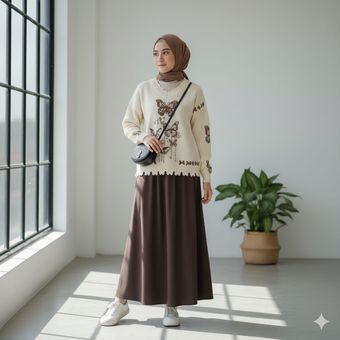5 Inspirasi Outfit Bukber Serba Coklat yang Hijab Friendly, 1. Perpaduan manis kardigan rajut dan gaun hitam, 2. Tampil "preppy" dengan kardigan kopi dan rok motif plaid, 3. Tampil santai dengan rompi rajut dan sneakers putih, 5. Layering simpel kardigan putih dan rok coklat tua